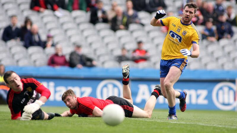 Down's Stephen Turley and Luke Howard watch on as Roscommon's Cathal Cregg shoots wide in last year's NFL Division Two final at Croke Park<br />Picture by Colm O'Reilly&nbsp;