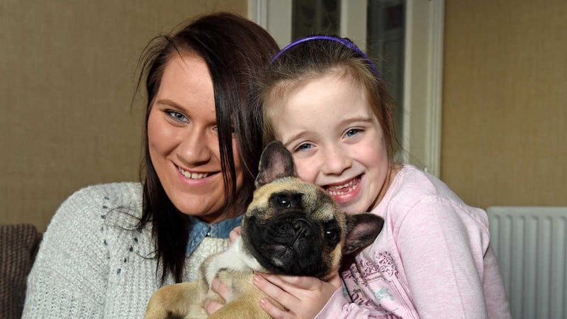 Jane Connolly&#39;s daughters, Becky and Tammy with their French Bulldog puppy, Paris 