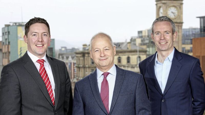 Pictured at the announcement of the &pound;3.75m funding for Diaceutics are: Andrew Gowdy, senior portfolio manager, WhiteRock Capital Partners; Peter Keeling, CEO, Diaceutics; and Clive Lennox, director of Irish business development, Silicon Valley Bank. Picture by Darren Kidd 