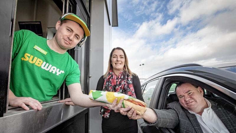 SUBWAY&reg; , the world&#39;s largest submarine sandwich chain, has confirmed it is to open the first sandwich Drive-Thru-in Ireland this Friday, 16th November. Pictured at the Drive-Thru from L-R Kevin Clarkin, Store Manager, Stacey Brown, Development Manager of Subway and Damian Havlin, Franchisee Owner. 