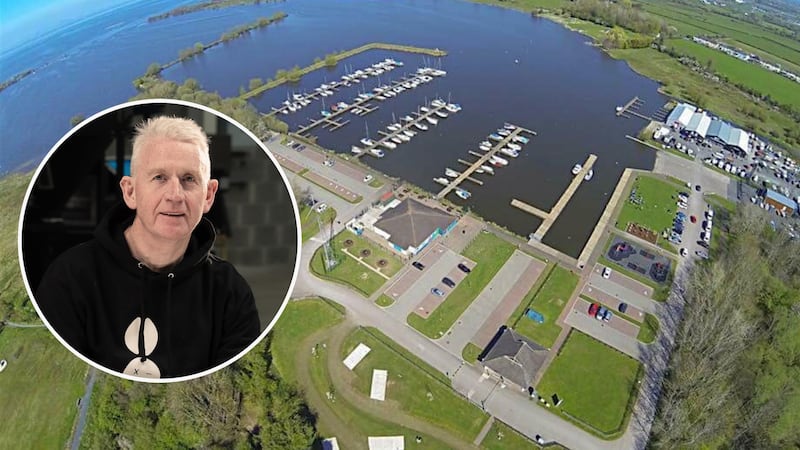 Aerial view of Kinnego Marina with an inset image of Patrick McAliskey.
