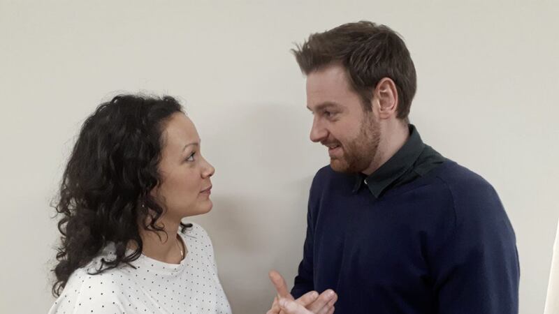 Stefan Dunbar and Melissa Dean rehearse for Andrea Montgomery's new play Me You Us Them