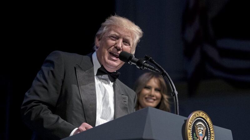 US president Donald Trump, joined by first lady Melania Trump, speaks during the Ford&#39;s Theatre Annual Gala at the Ford&#39;s Theatre in Washington, on Sunday. Picture by Carolyn Kaster, Associated Press 