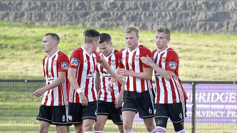 Derry City players Aaron Splaine (6) and Alli Roy (9) who both scored on their debut against Limerick at the Brandywell. Picture by Margaret McLaughlin. 