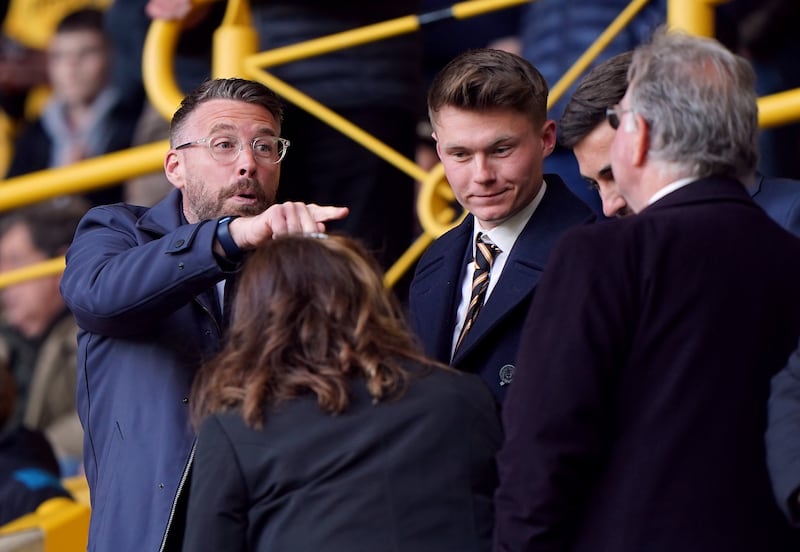 Luton manager Rob Edwards, left, watched the game at Molineux