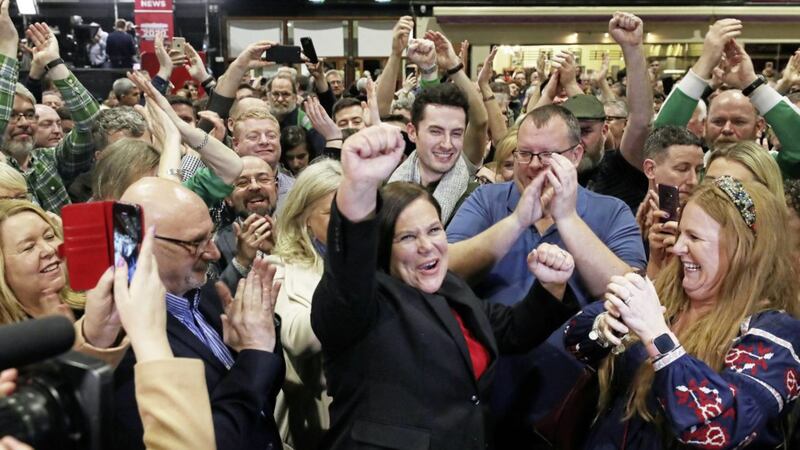 Sinn F&eacute;in leader Mary Lou McDonald celebrates at the RDS in Dublin in February 2020 during the Irish general election count. Photo: Niall Carson/PA Wire. 