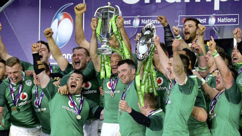 Ireland&#39;s Peter O&#39;Mahony (centre) and team-mates celebrate after winning the NatWest 6 Nations Grand Slam with victory over England at Twickenham Stadium, London on St Patrick&#39;s Day, Saturday March 17 2018. 