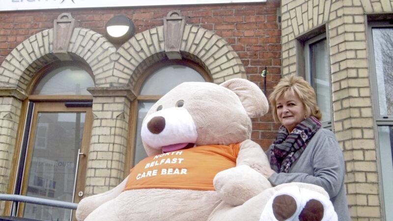 Jo Murphy of the Lighthouse suicide awareness charity in Belfast with Big Ted the Care Bear