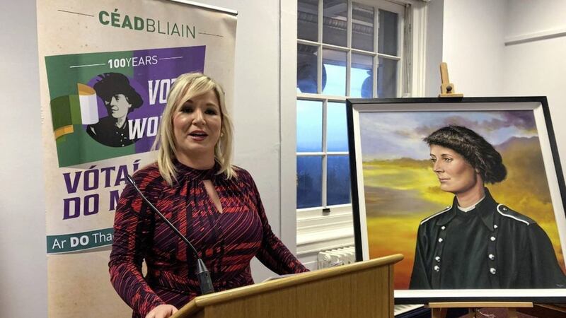 Michelle O&#39;Neill with the portrait of Countess Markievicz 