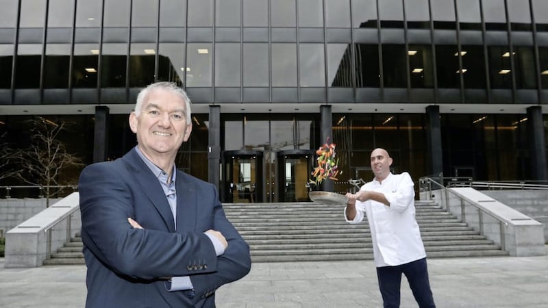 Mount Charles commercial director Terry Woods and executive development chef Darren Curran announce the contract outside Miesian Plaza on Baggot Street in Dublin 