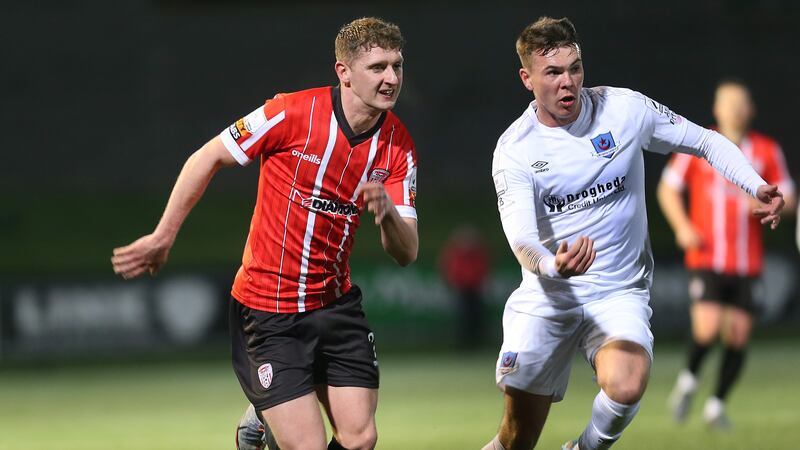 Derry City Ronan Boyce with Dayle Rooney of Drogheda United at the Brandywell on Monday night. Picture Margaret McLaughlin  14-3-2022