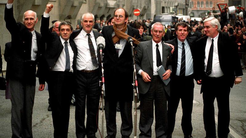 The Birmingham Six, John Walker, Paddy Hill, Hugh Callaghan &ndash; with Chris Mullen MP &ndash; Richard McIlkenny, Gerry Hunter and William Power outside the Old Bailey in London after their convictions were quashed 