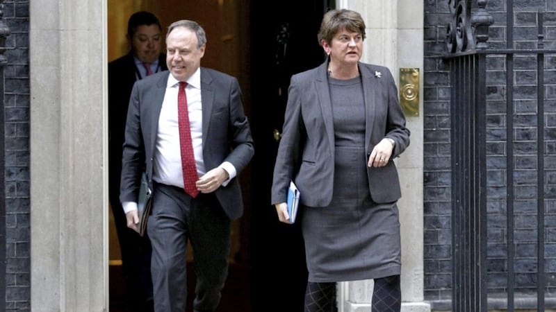 DUP Leader Arlene Foster and deputy leader Nigel Dodds at a meeting in Downing Street earlier this month. Picture by Aaron Chown/PA Wire. 