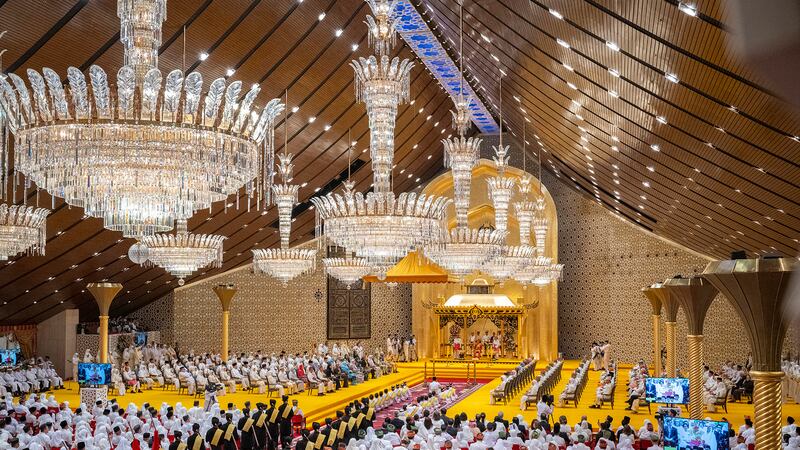 The royal powdering ceremony for Brunei’s Prince Abdul Mateen’s, centre, at Istana Nurul Iman, ahead of his wedding with Anisha Rosnah, in Bandar Seri Begawan, Brunei (Brunei’s Information Department via AP)