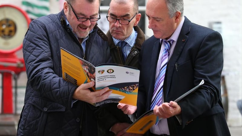 Former Antrim manager Brian White, Donal McKinney and Seana Walsh at unveiling of the proposed designs for a new provincial stadium at Casement Park at west Belfast's Conway Mill. Picture by Mal McCann