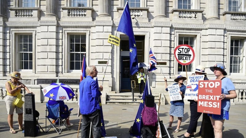 EU supporters outside the Cabinet Office in London ahead of a cross party meeting looking at ways to stop a no deal Brexit 