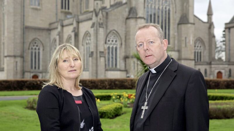 Sandra Peake from the WAVE Trauma Centre with Archbishop Eamon Martin before Sunday&#39;s Mass for the Disappeared at St Patrick&#39;s Cathedral in Armagh. Picture by Cliff Donaldson 