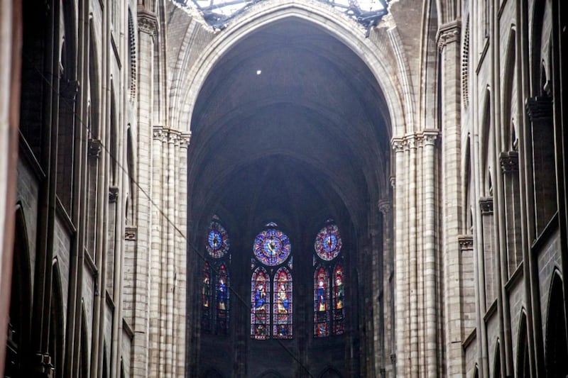 The glass windows inside the damaged Notre-Dame cathedral. Picture by Christophe Petit Tesson, Pool via AP                 