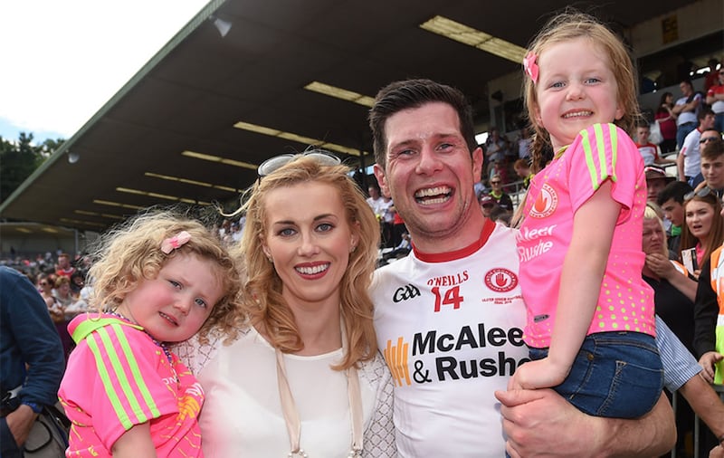 Sean Cavanagh with his wife Fionnuala and children Eva and Clara following the Ulster Senior Football Championship final between Donegal and Tyrone in 2016&nbsp;