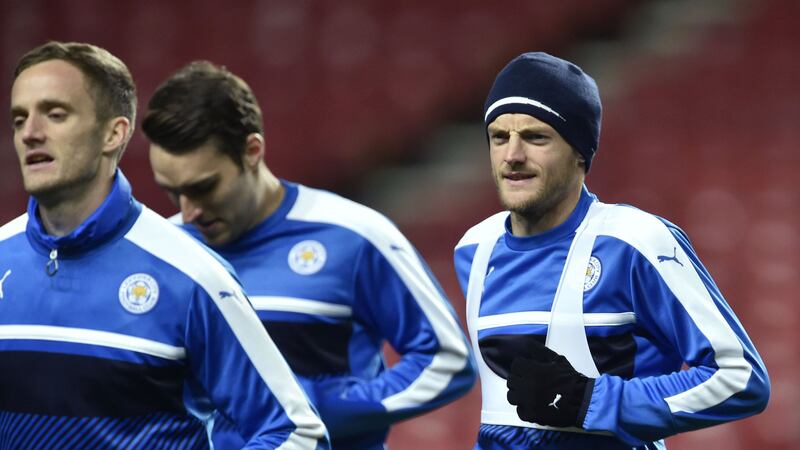 Leicester City's Andy King (left) and Jamie Vardy (right) during a training session before Wednesday's Champions League Group G game against FC Copenhagen<br />Picture by AP