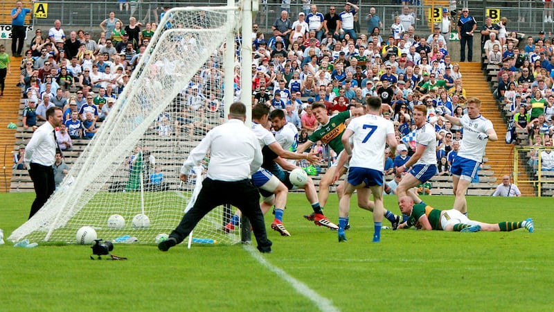 Kerry's David Clifford watches as his shot finds the corner of Rory Beggan's net during Kerry's clash with Monaghan in the second round of the Super 8s this afternoon&nbsp; Pictures: Seamus Loughran
