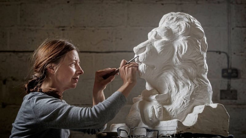 Carver Kibby Schaefer works on a plaster model of Aslan, a character from CS Lewis&#39;s The Chronicles of Narnia series. The plaster model will then be reproduced in stone and placed on the exterior of the St Mary&#39;s Church in Beverley, Yorkshire. It has commissioned carvings of 14 characters from the books. Picture by Danny Lawson/PA Wire 