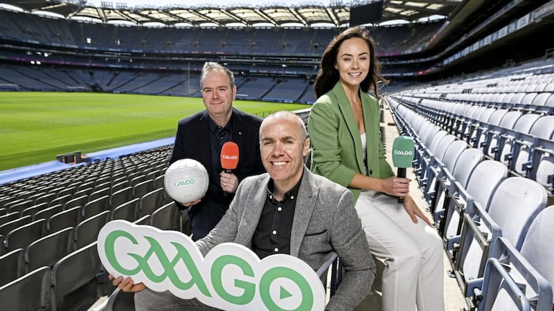 Mike Finnerty, Dave McIntyre, and Aisling O&rsquo;Reilly at the announcement of the GAAGO commentary teams in Croke Park. GAAGO will broadcast 38 exclusive GAA Championship matches, including six games this weekend. 
