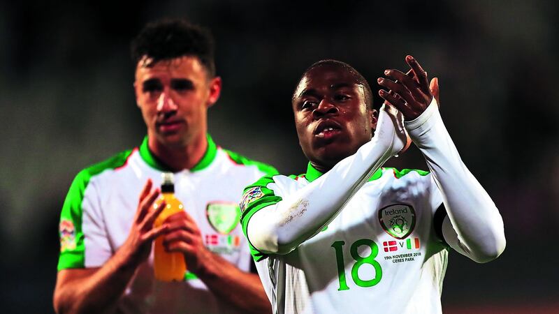 Republic of Ireland's Michael Obafemi applauds the fans after the UEFA Nations League, Group B4 match against Denmark at Ceres Park, Aarhus. &nbsp;