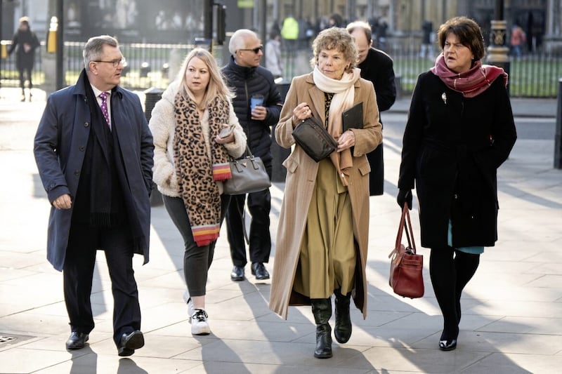DUP leader Sir Jeffrey Donaldson (left), Baroness Kate Hoey (second right) and former first minister Dame Arlene Foster (right) outside the UK Supreme Court in London. Picture by Aaron Chown/PA Wire 