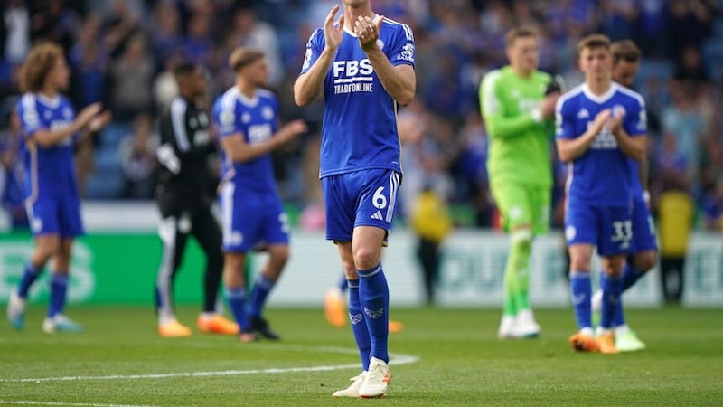 Jonny Evans applauds the Leicester fans after their relegation (Joe Giddens/PA)