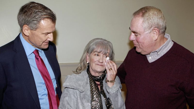 Irish News editor Noel Doran with Ann McKernan, one of Gerry Conlan&#39;s sisters, and author Richard O&#39;Rawe in October. Picture by Matt Bohill 