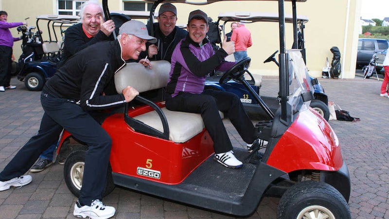 Danny O&#39;Carroll, who plays Buster in Mrs Brown&#39;s Boys, gets a push from fellow actors Paddy Houlihan (Dermot), Dermot O&#39;Neill (Grandad), and Paddy Shields (Mark) at the charity golf classic at Rosapenna. Picture by Brian McDaid 