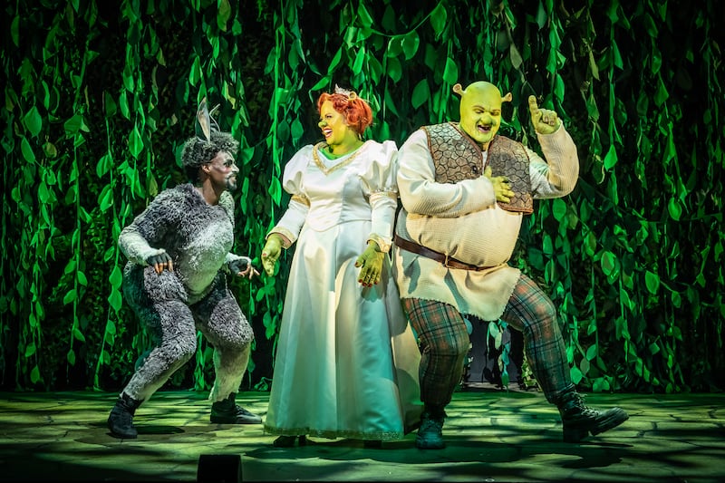 Donkey, Shrek and Princess Fiona in Shrek The Musical
