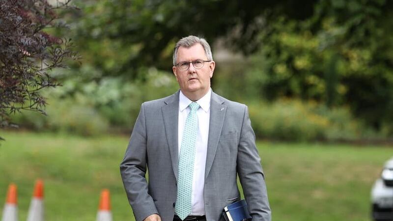 DUP leader Sir Jeffery Donaldson arriving at Stormont Castle in Belfast, to meet the head of the Northern Ireland Civil Service, Jayne Brady (Liam McBurney/PA)
