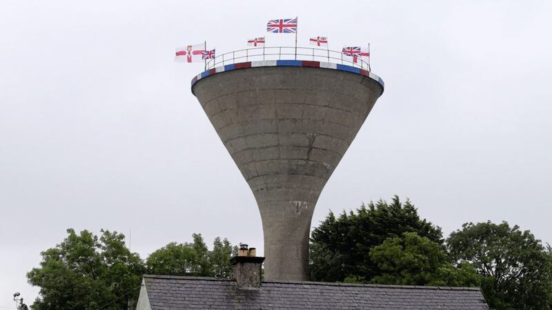 Rathfriland water tower where Union and Northern Ireland flags were placed. Picture by Mal McCann 