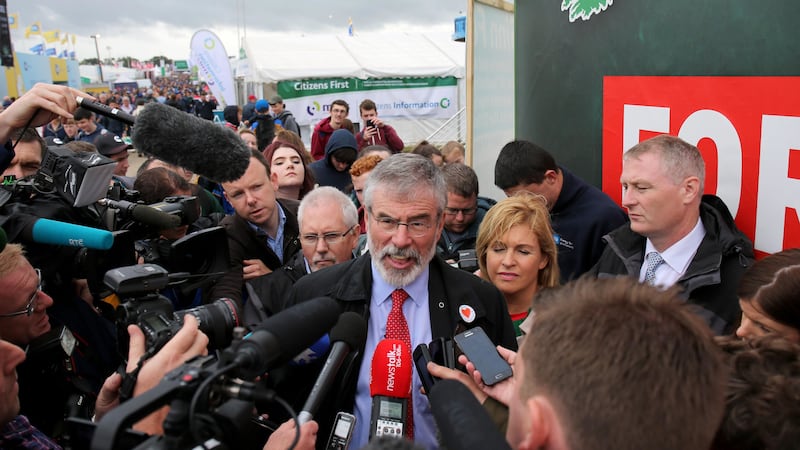 Sinn Fein president Gerry Adams speaks to the media at the National Ploughing Championships in Screggan near Tullamore. Picture by Niall Carson, Press Association&nbsp;