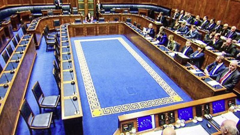 The scene at Stormont when all non-DUP MLAs left the chamber in protest, except for Claire Sugden and Jim Allister