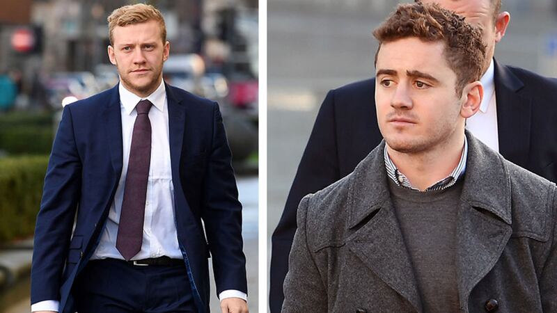 Stuart Olding (left) and Paddy Jackson arriving at Belfast Crown Court today&nbsp;