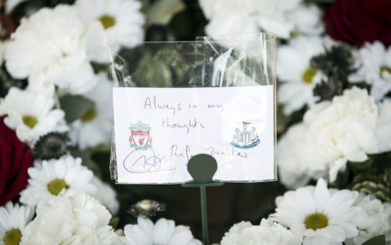A floral tribute left by Newcastle United manager Rafael Benitez at the Hillsborough memorial ahead…