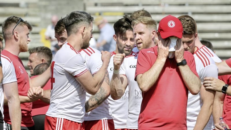 Mattie Donnelly and his Tyrone colleagues celebrate after beating Donegal at Brewster Park. <br />Picture Margaret McLaughlin