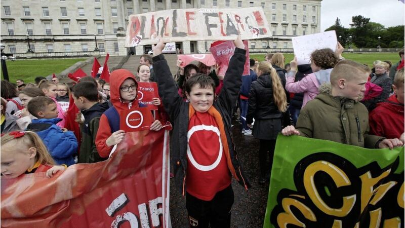 An Irish Language Act demonstration at Stormont Parliament Buildings last year. Picture by Hugh Russell 