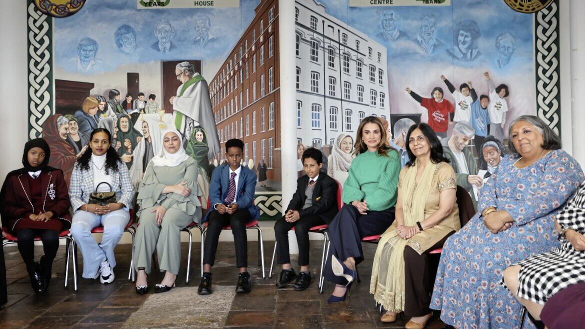 Queen Rania of Jordan (third right) meets refugees from the Conway Education Centre when she attended the recent One Young World Summit in Belfast 