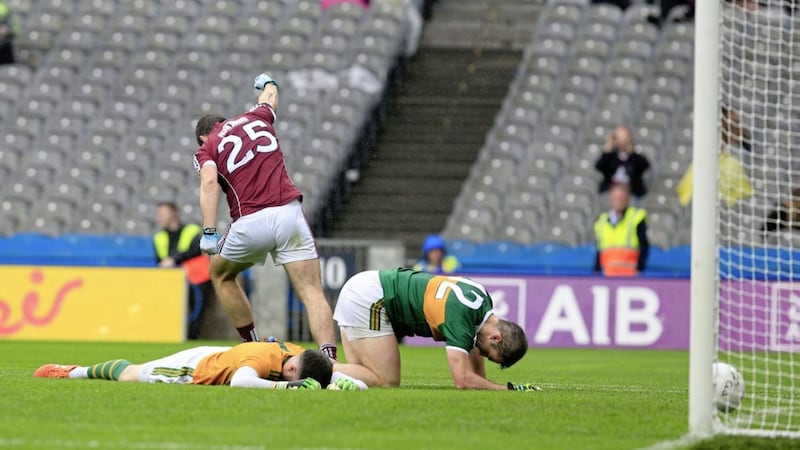 Patrick Sweeney scores the injury-time goal which put the seal on Galway&#39;s win over Kerry at Croke Park Picture by Philip Walsh 