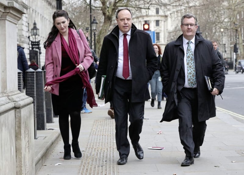 Nigel Dodds, deputy DUP leader, with MPs Emma Little Pengelly, and Jeffrey Donaldson (right) outside the Cabinet Office in London on Friday. Picture by Jonathan Brady, Press Association