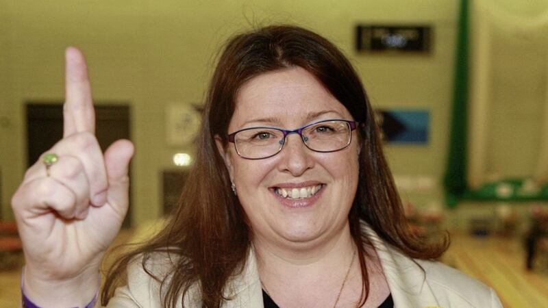 Alliance&#39;s Kellie Armstrong shows her delight after becoming the first MLA elected for Strangford. Picture by Bill Smyth 