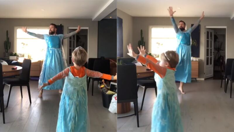 Orjan Buroe, a comedian from Norway, dressed up and danced with his son Dexter to a song from Disney’s Frozen.
