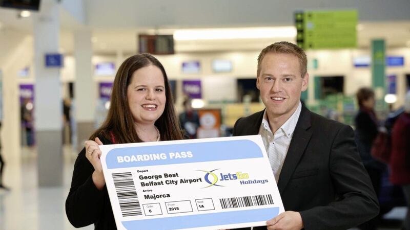 Ellie McGimpsey, aviation development manager at Belfast City Airport and Daniel Reilly, CEO of JetsGo Holidays announce the launch of a new partnership and route to Mallorca. 