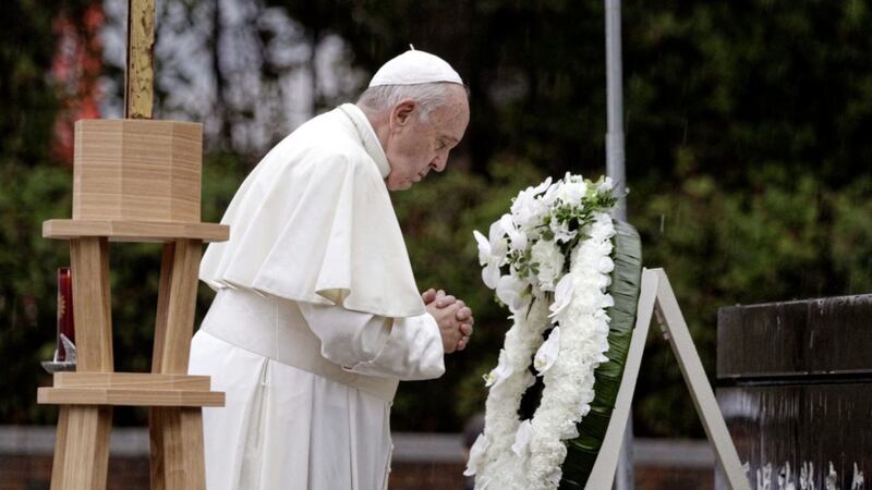 Pope Francis prays after laying a wreath at the Atomic Bomb Hypocenter Park in Nagasaki during his visit to Japan last November. Meeting the survivors of the atomic bombs dropped on Hiroshima and Nagasaki in 1945 during the Second World War was a profound experience. Picture by AP Photo/Gregorio Borgia 