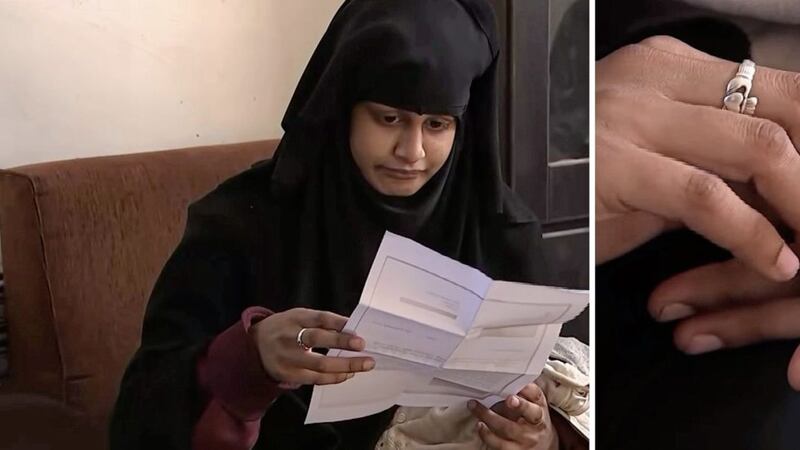 Shamima Begum appears to be wearing a Claddagh ring during an interview with ITV News 