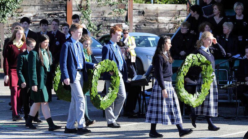School pupils with wreaths at the annual National Famine Commemoration ceremony in Newry. Picture by Paul Faith